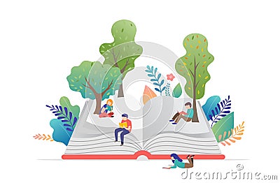 Book festival concept - a group of tiny people reading a huge open book. Vector illustration, poster and banner Vector Illustration