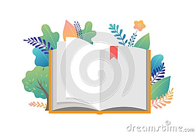 Book festival concept - a group of tiny people reading a huge open book. Vector illustration, poster and banner Vector Illustration