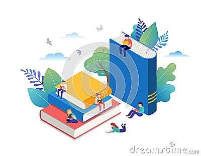 Book festival concept - a group of tiny people reading a huge open book. Vector illustration, poster and banner Vector Illustration