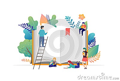 Book festival concept - a group of tiny people reading a huge open book. Vector illustration, poster and banner Vector Illustration