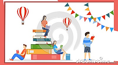 Book festival, a group of people read books at a book festival. Online library. Vector illustration Vector Illustration