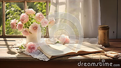 A book, flowers and a vase of pink roses sit on a table near a window, AI Stock Photo