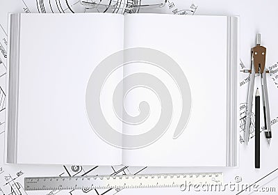 Book, glasses, ruler, compass and pencil Stock Photo