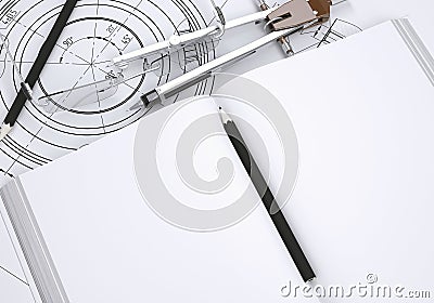 Book, glasses, ruler, compass and pencil Stock Photo