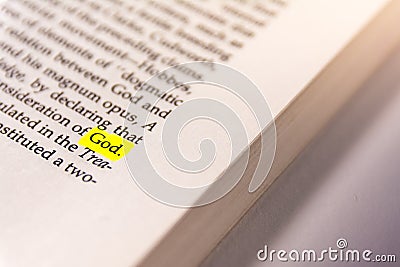 Book Highlighted Word Yellow Fluorescent Marker Paper Old Keyword God Stock Photo