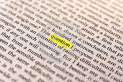 Book Highlighted Word Yellow Fluorescent Marker Paper Old Keyword Question Stock Photo