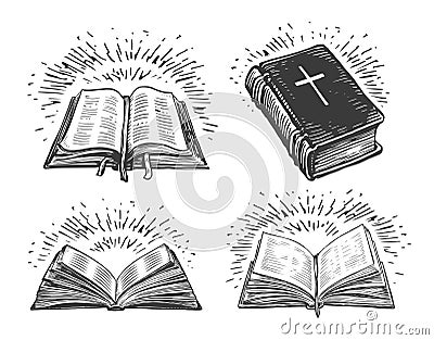 Book Holy Bible sketch. Religious symbol of faith in God. Church, worship concept. Vintage vector illustration Vector Illustration