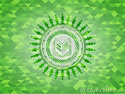 Book icon inside green emblem. Mosaic background Vector Illustration