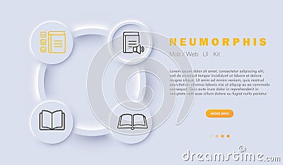 Book icon set. Joy, relaxation, and mental stimulation, reading. Education concept. Neomorphism style. Vector line icon for Vector Illustration