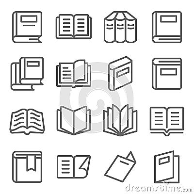 Book icons set vector illustration. Contains such icon as Open book, Bookmark, Magazine, Novel and more. Expanded Stroke Vector Illustration