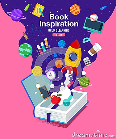 Book Inspiration, Back to school, Planet science, learning from home, vector illustration. Vector Illustration