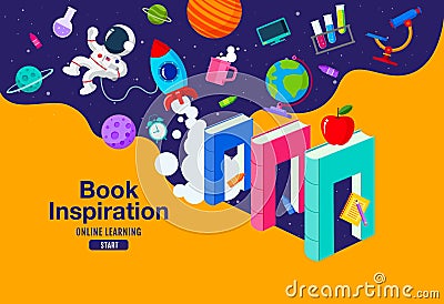 Book Inspiration, Online Learning, study from home, back to school, flat design. Vector Illustration