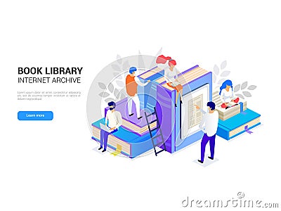 Book library isometric. Internet archive concept and digital learning for web banner. People reading. E-library vector Vector Illustration