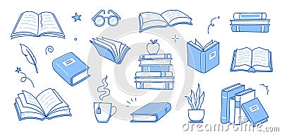 Book library stack sketch set. Hand drawn sketch doodle style line book stack. Library, reading, school doodle concept Vector Illustration