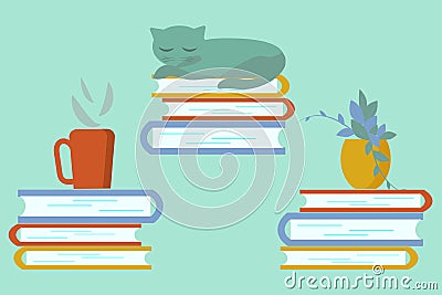 Book library, stacks of books, sleeping cat, potted plant, hot drink in cup. Vector illustration for design of home cozy Vector Illustration