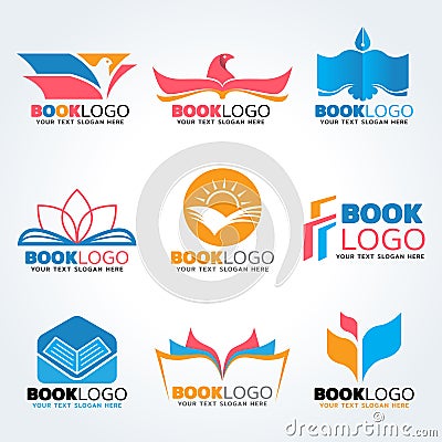 Book logo - bird and sun and lotus mix concept vector illustration set design Vector Illustration