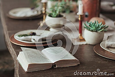 Book lying on table served with succulents, candles, rustic plates. Reading in cafe concept Stock Photo