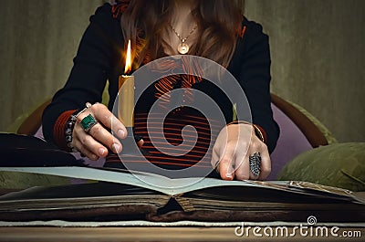 Book of magic. Future reading. Book of magic on fortune teller concept. Stock Photo