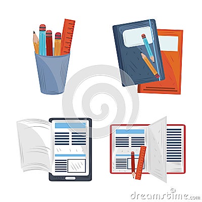 book mobile ebook read study learn education academic icons set Vector Illustration