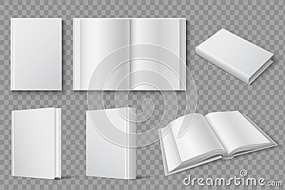 Book mockup. Blank white closed and open books. Textbooks and brochures isolated vector template Vector Illustration