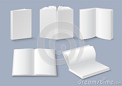 Book mockup set, vector illustration. White blank booklet, brochure, magazine cover. Hardcover, softcover book templates Vector Illustration