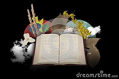 Book montage with colored circles leaves herb clouds Stock Photo