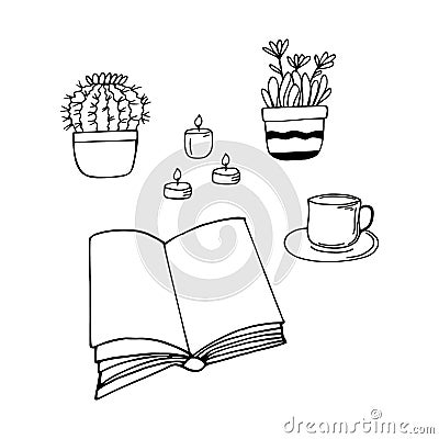 book is open, candle, tea, flower , cup, a cactus in a pot. reading concept. sketch hand drawn doodle style Stock Photo