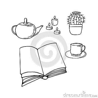 book is open, candle, tea, teapot, cup, a cactus in a pot. reading concept. sketch hand drawn doodle style. , minimalism Stock Photo
