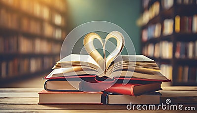 Book with open page of literature in heart shape and stack piles of textbooks on reading desk in library Stock Photo