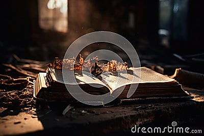 Book. Open textbook Wise enigmatic magazine. Letters, writing, candle. Study, school, university. A tool for acquiring Stock Photo
