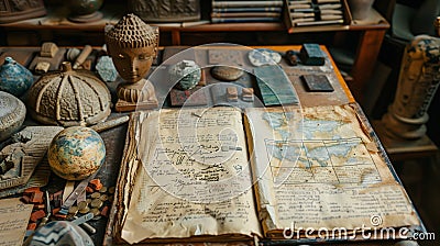A book open to reveal handwritten notes and a world map on a table with assorted objects Stock Photo