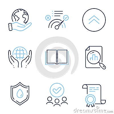 Book, Organic tested and Correct answer icons set. Analytics graph, Swipe up and Blood donation signs. Vector Vector Illustration