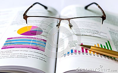 Book, Pen, Eyeglasses and Charts Cartoon Illustration