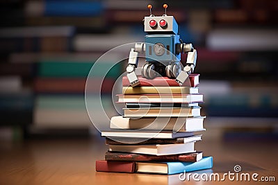 a book pile with a mini robot seated on top, peering over Stock Photo