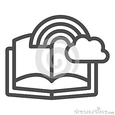 Book with rainbow and cloud line icon, fairytale concept, book with fairy tale sign on white background, open fairy Vector Illustration