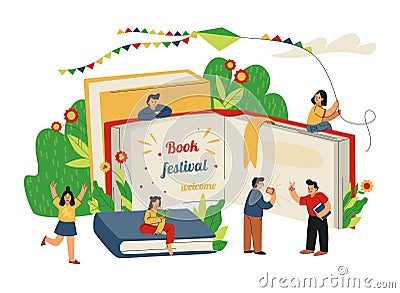 Book read, library festival. People education event, literature bookstore logo or emblem, happy men and women reading Stock Photo