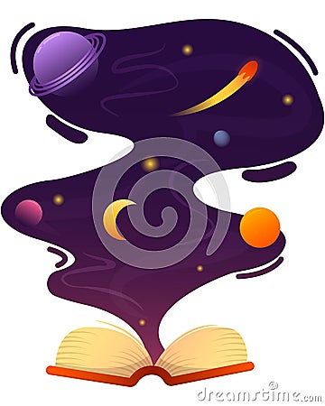 Book reveals other worlds, space and planets, fantasy and reading - vector illustration in flat style Vector Illustration