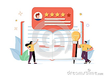 Book review vector illustration. Reading feedback flat tiny persons concept. Literature professional analysis Vector Illustration