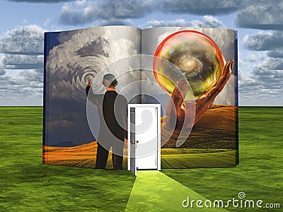 Book with science fiction scene and open door Stock Photo