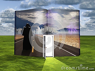 Book with science fiction scene and open doorway Stock Photo