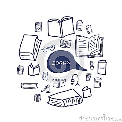 Book set in doodle style. Round vector badge Vector Illustration