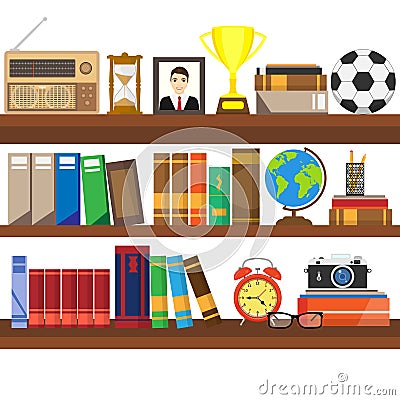 Book shelf. Bookstore indoor. Bookshelves with different books set. Home library interior. Reading and learning, knowledge and edu Vector Illustration