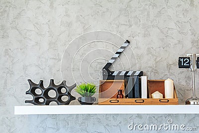 Book shelf decorate the living room on the white wall. Stock Photo