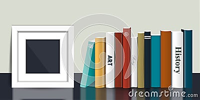 Book shelf with picture mock up frame. Realistic 3D Vector illustration. Color design Vector Illustration