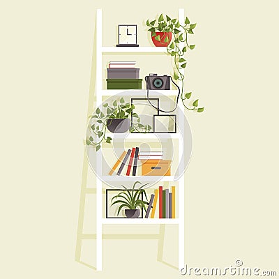 Book shelves with colorful objects. Cartoon design style bookshelves with different potted plants Vector Illustration