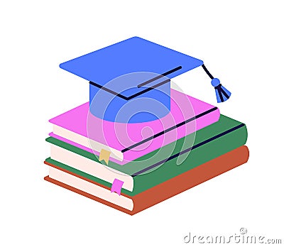 Book stack and bachelor cap, hat. Education and graduation, study for master degree, learning, knowledge concept Vector Illustration