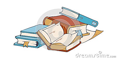 Book store elements. Sketch books, blank paper sheets. Doodle vintage reading illustration, isolated stack of books Vector Illustration