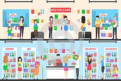 Book store interior set. Vector Illustration