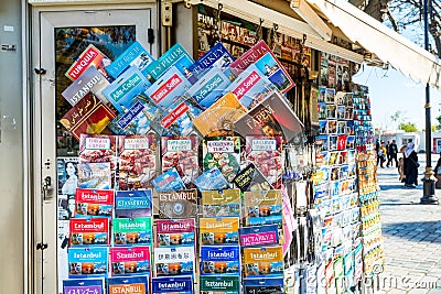 Book store and souvenir shop near the Blue Mosque and Hagia Sophia in the Europe side of Istanbul, Turkey Editorial Stock Photo