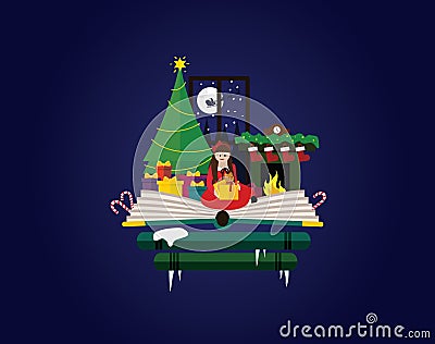 Christmas. Girl opening her presents in home next to christmas tree and fireplace. Vector Illustration